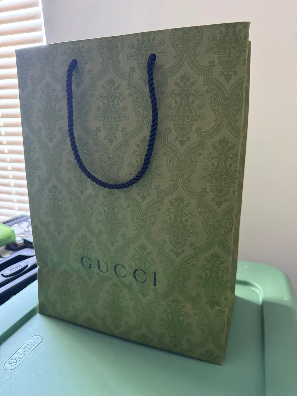 Gucci Light Green Embossed Logo Shopping Bag with Black Rope Handles